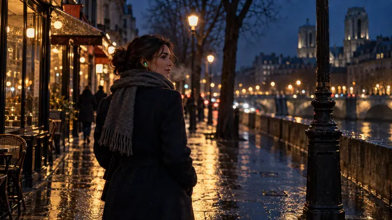 Le soir, sous la pluie, sur un quai de Paris : une femme en manteau et écharpe marche, un écouteur à l’oreille marqué d’une lumière verte, le téléphone rangé.