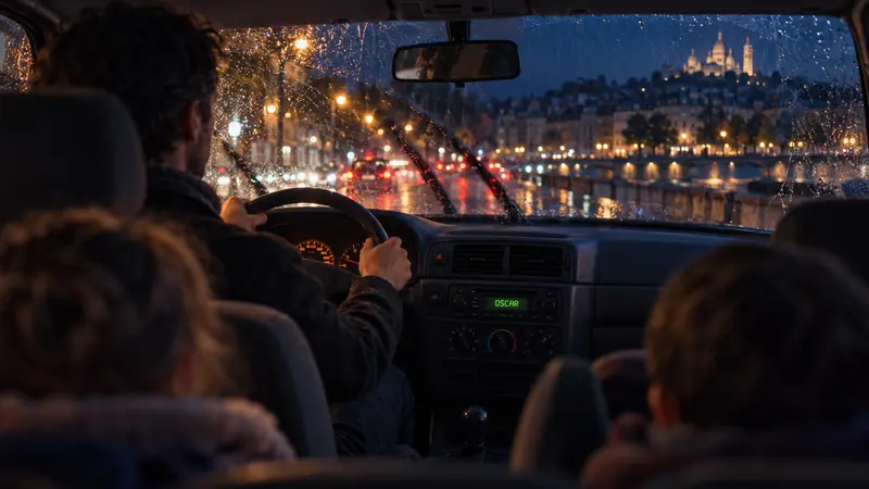 Dans une vieille voiture, la nuit, sous la pluie, vue de la banquette arrière : le conducteur tient le volant à deux mains, deux enfants de dos ; l’autoradio sans écran affiche OSCAR en vert.